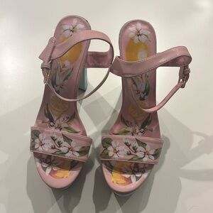 cute pink, teal, and yellow  platform heels with cute design